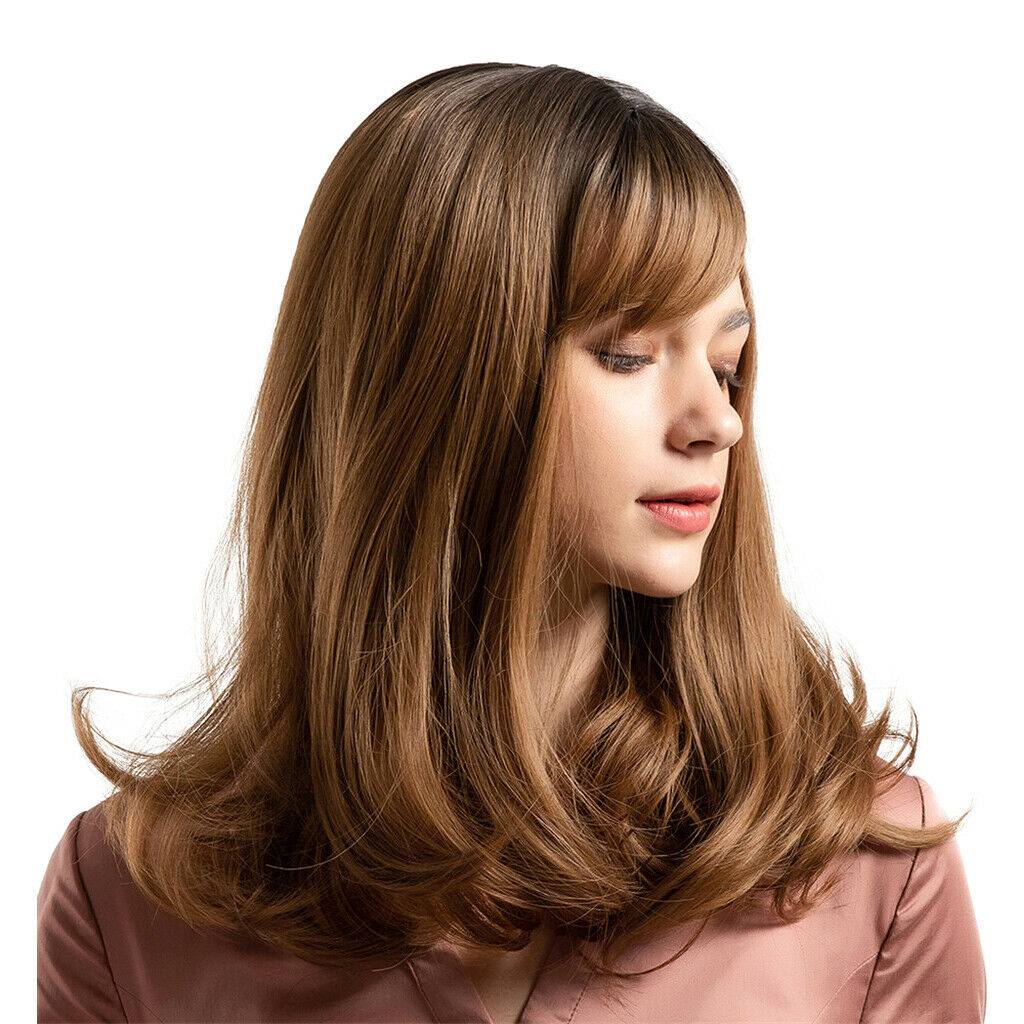 Women's Brown Long Straight Curly Wig 16 Inches Synthetic Middle Part Wigs For