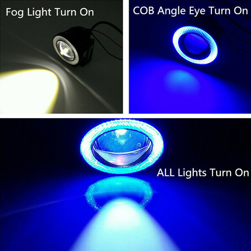 Pair 3.0" LED Fog Lights Projector With COB Blue Angel Eye Halo Rings High Power