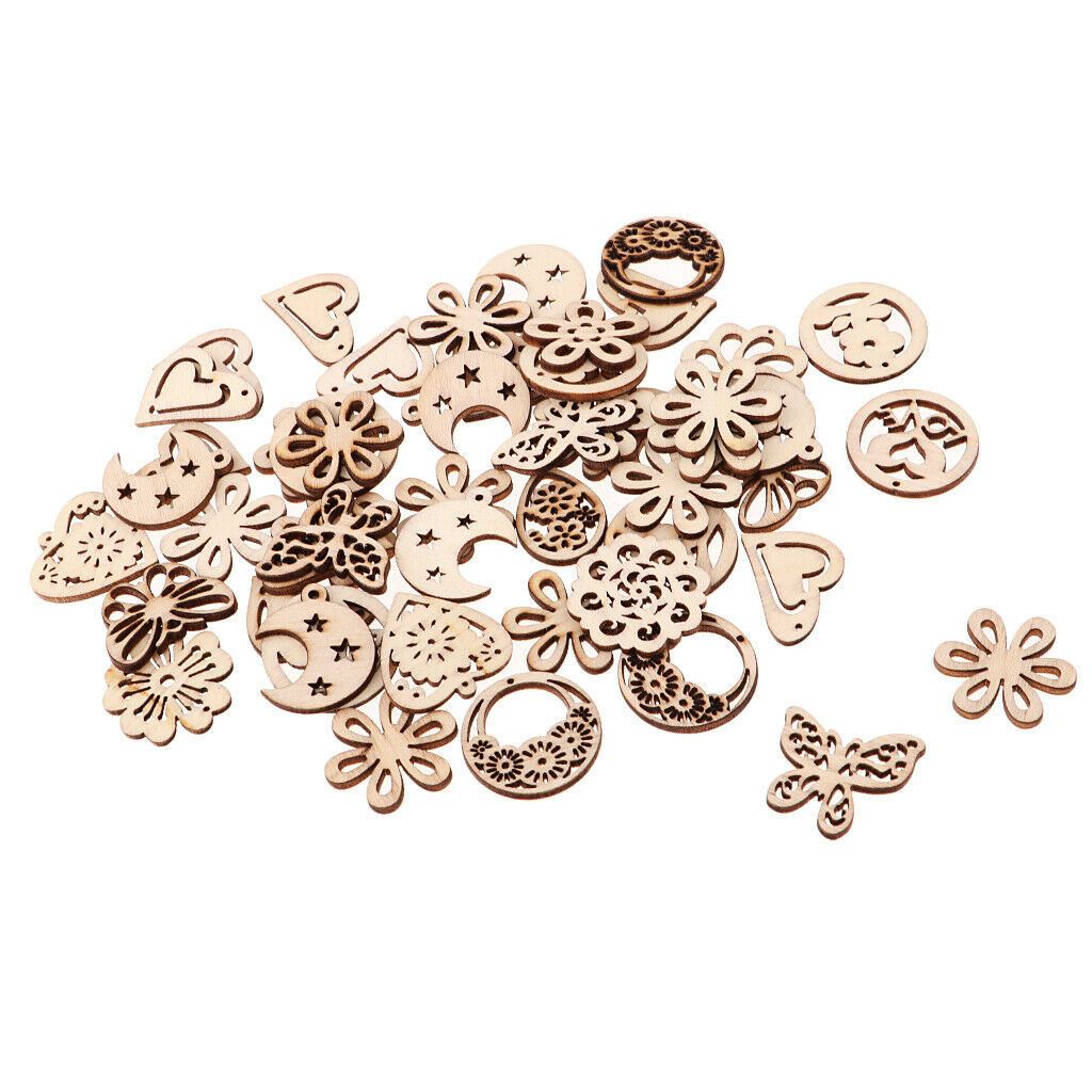 50 Pieces Mixed Wooden Cutout Butterfly Flowers Heart Moon Shapes Embellishments
