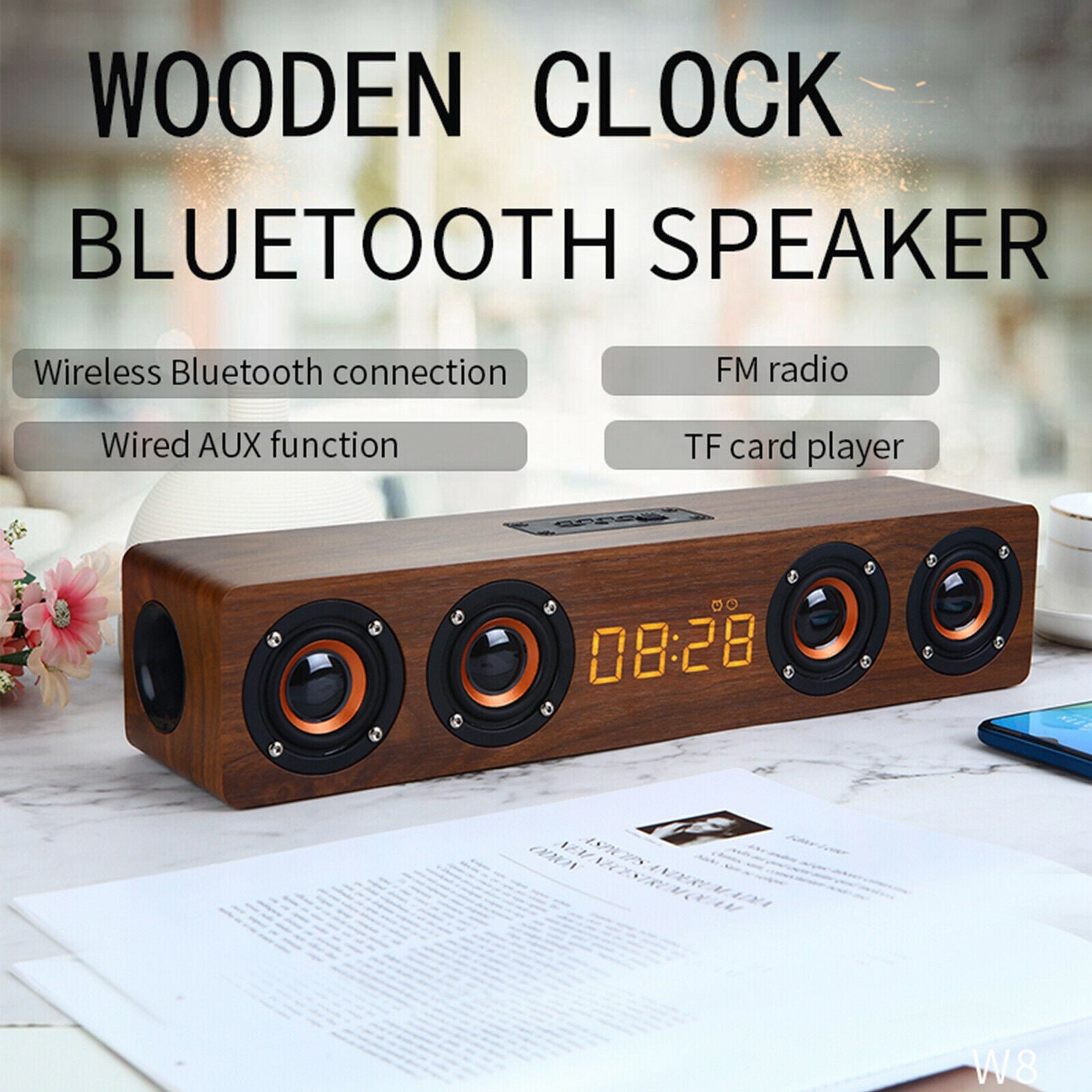 Bluetooth 12w Wooden Soundbar Retro Long Bar 4 Speakers for Home Office English