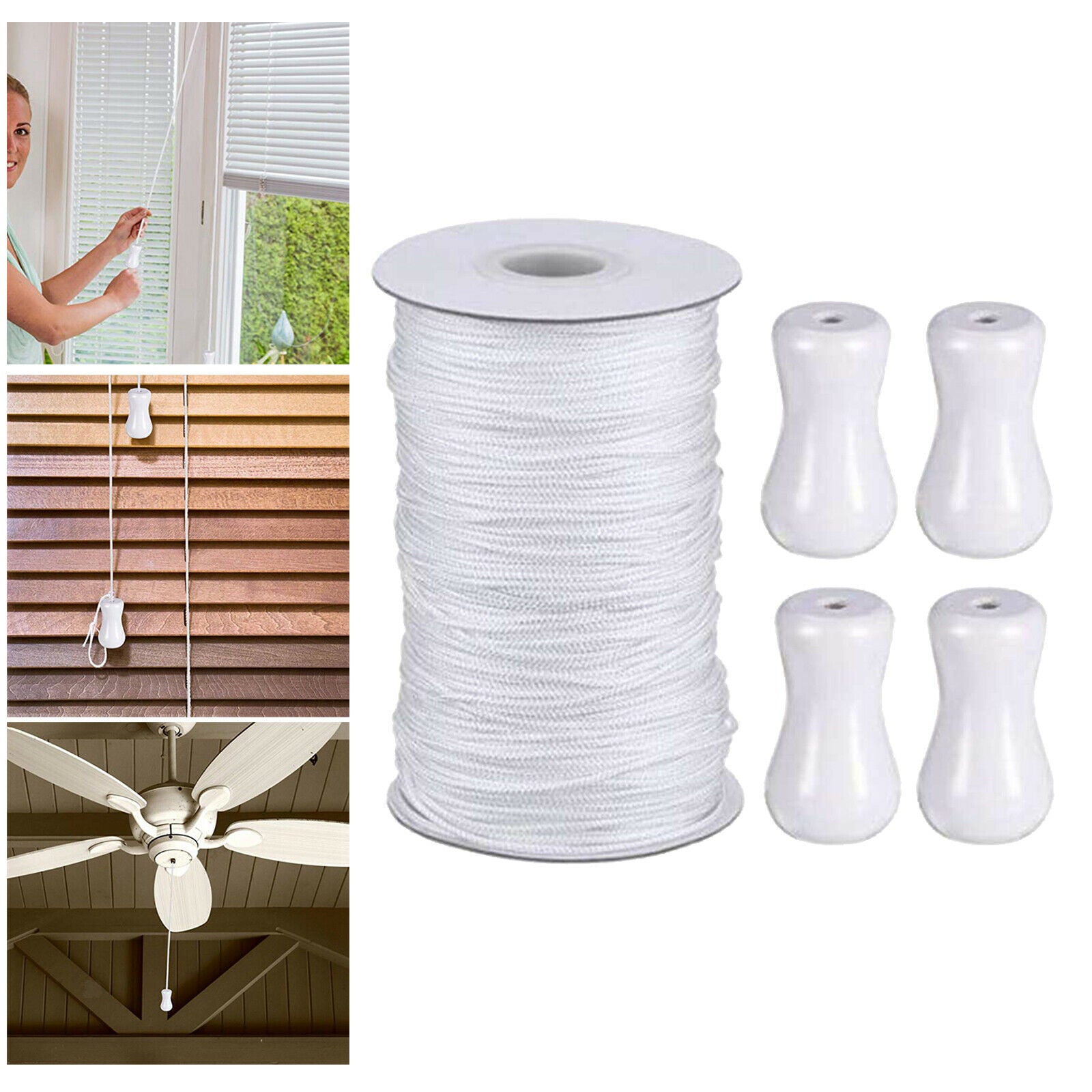 1.8mm White Braided Lift Shade Cord w/ 4x White Wood Pendant for Craft
