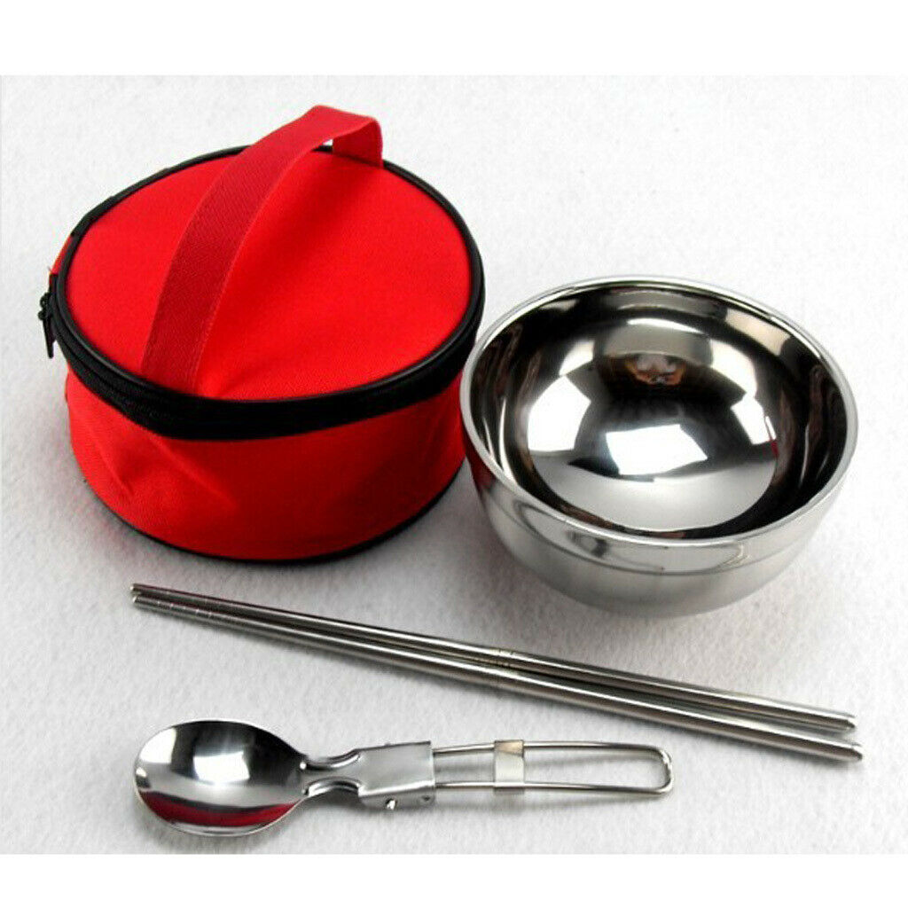Outdoor Cutlery Set Stainless Steel Bowl Chopsticks Spoon Foldable Camping