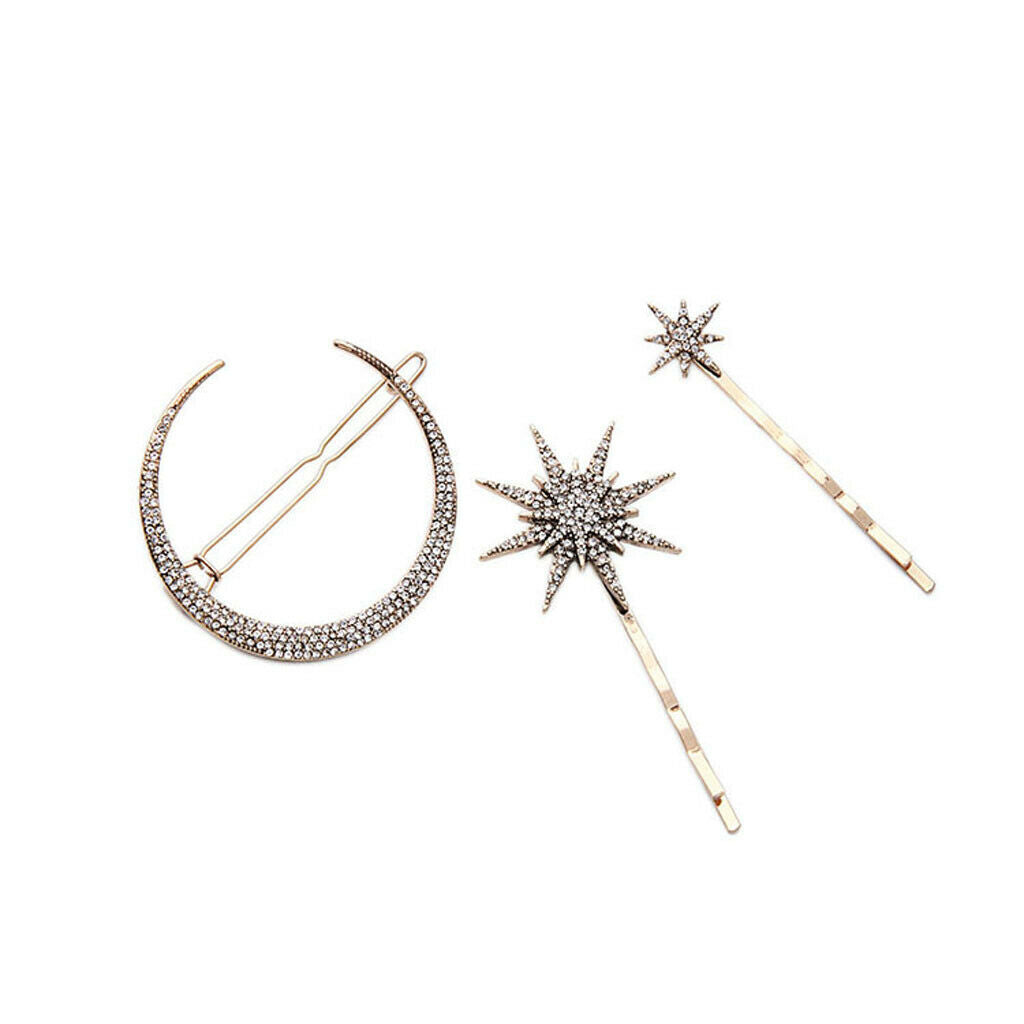 Retro Moon and Star Hairpins, 3 Pieces hair Clips, Shiny Rhinestone Headpiece