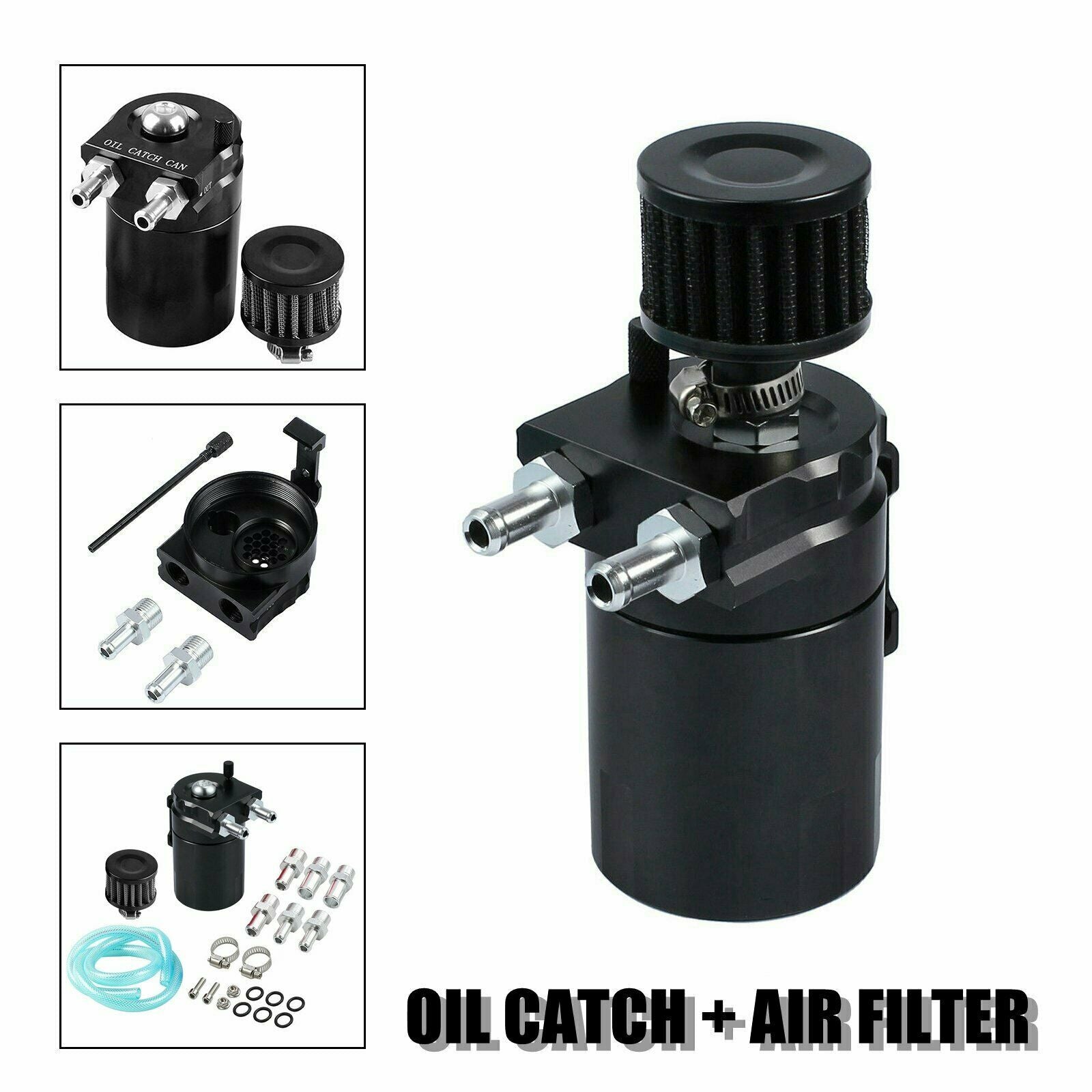 Oil Catch Reservoir Breather Can Tank +Filter Kit Cylinder Aluminum Engine Black