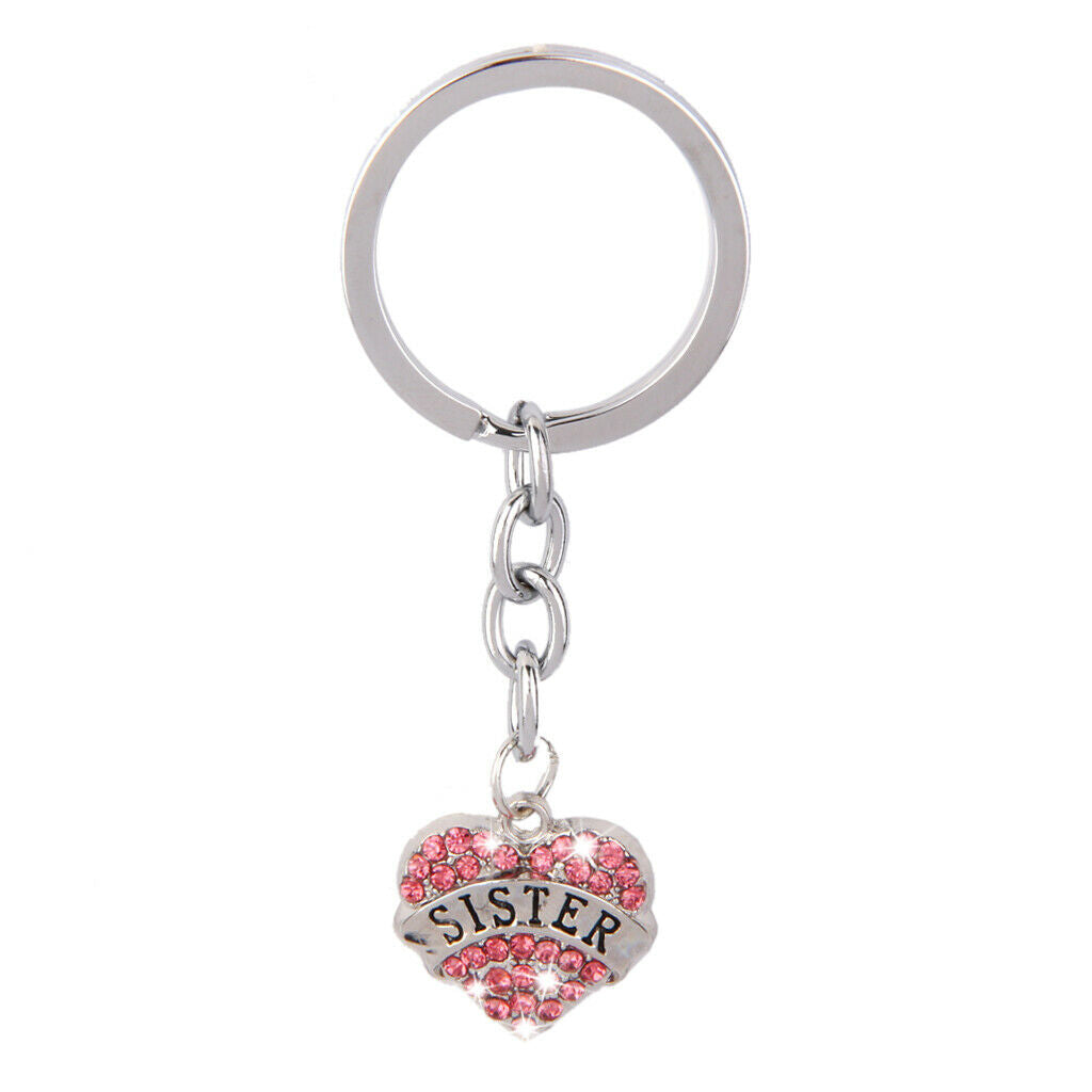 2x Pink Diamante Crystal Heart Pendant Sister Keychain Key Chain Xmas Ring Gift