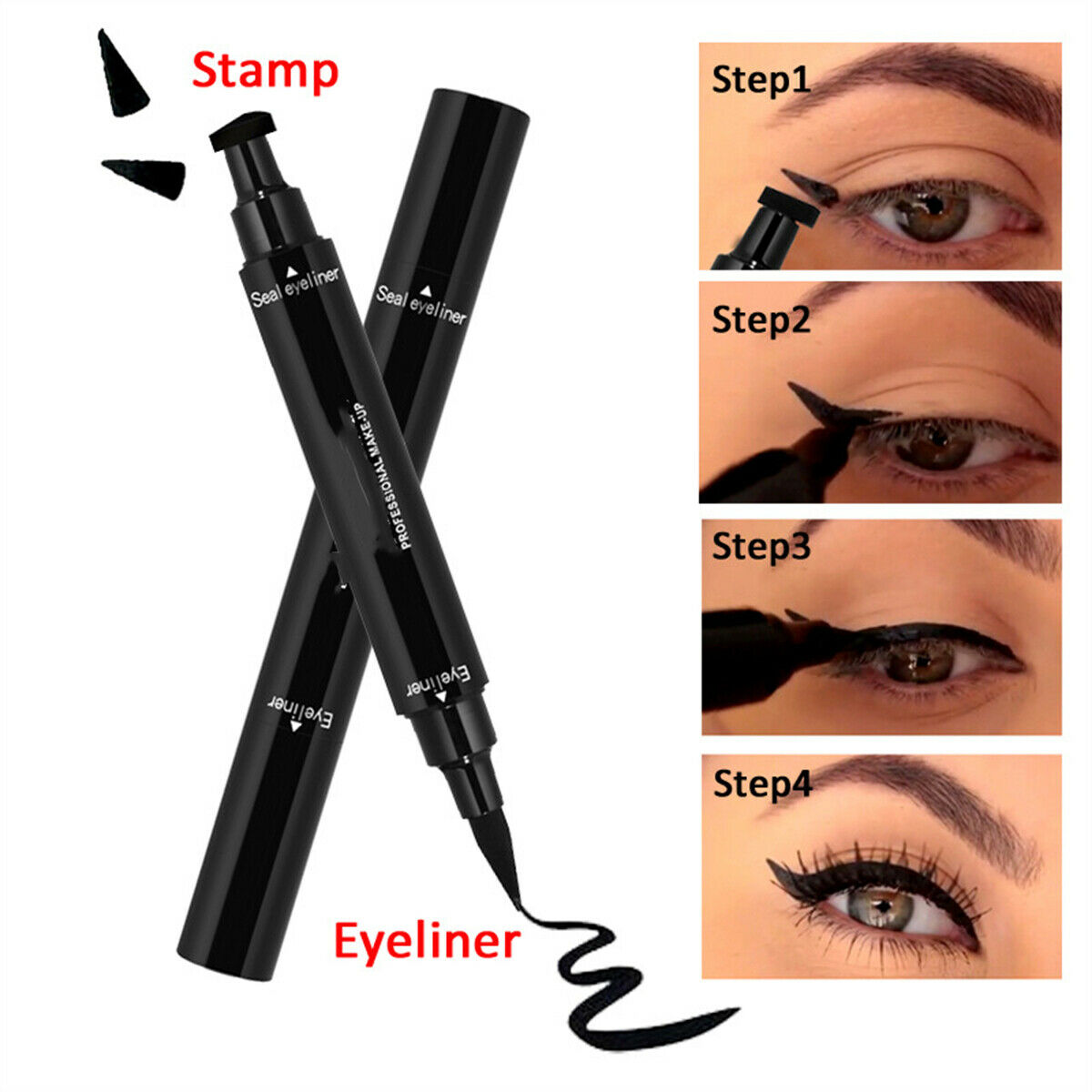 2 in 1 Eyeliner Stamp Waterproof Makeup Eyeliner Pencil Black Liquid