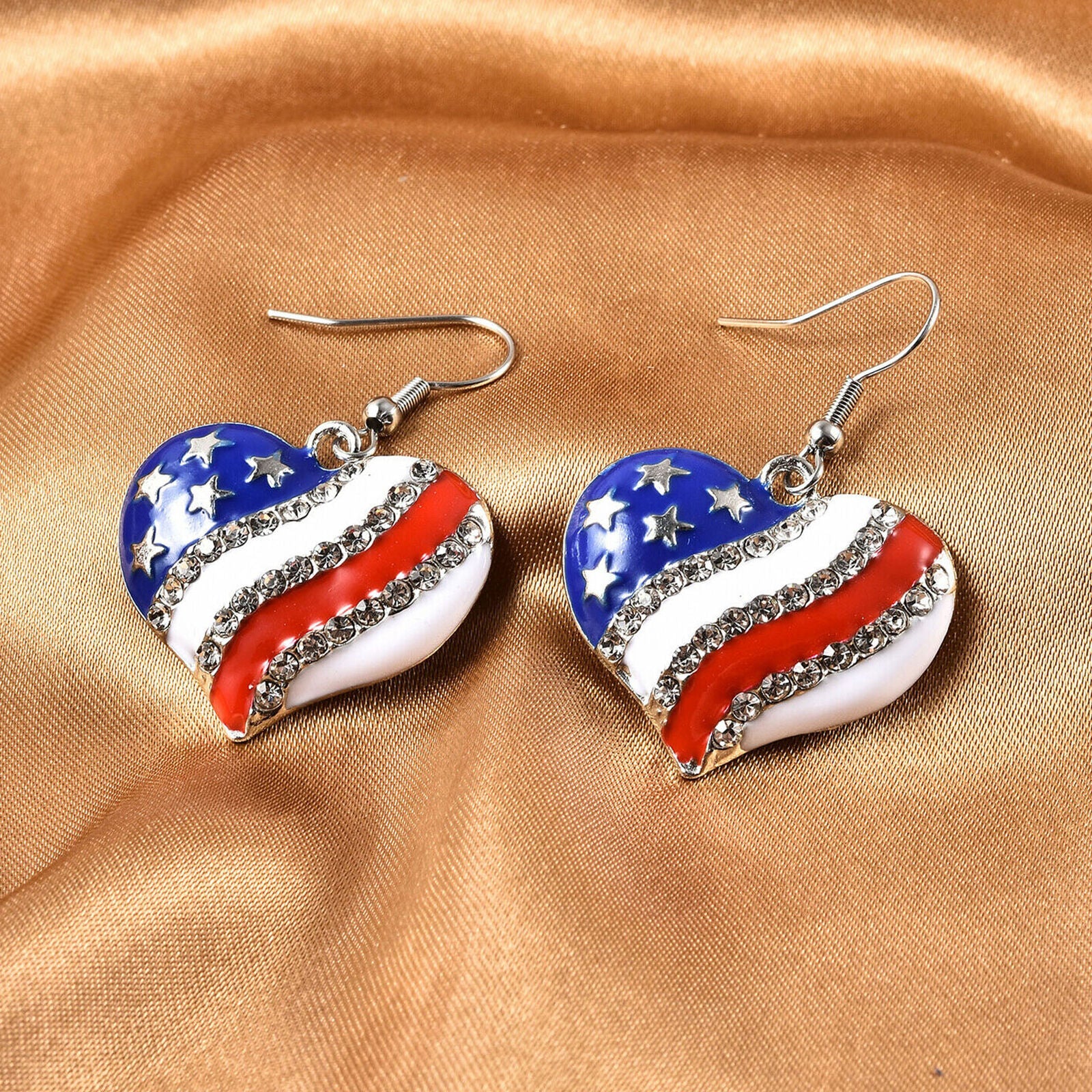 White Crystal National Flag of America Theme Heart Dangle Drop Earrings Gift