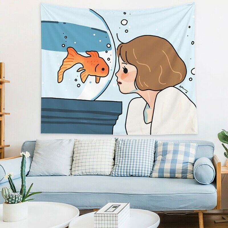 Nordic Cute Girl Wall Hanging Tapestry Carpet Beach Towel Bedroom DecorationB6H7