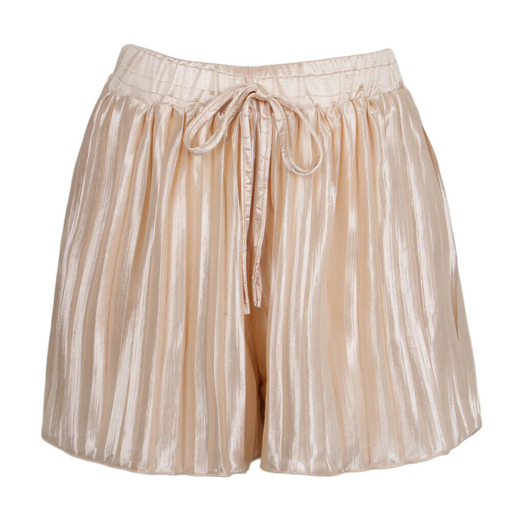 Womens Casual Pleated Chiffon Shorts Culottes Wide Leg Mid Rise L Beige