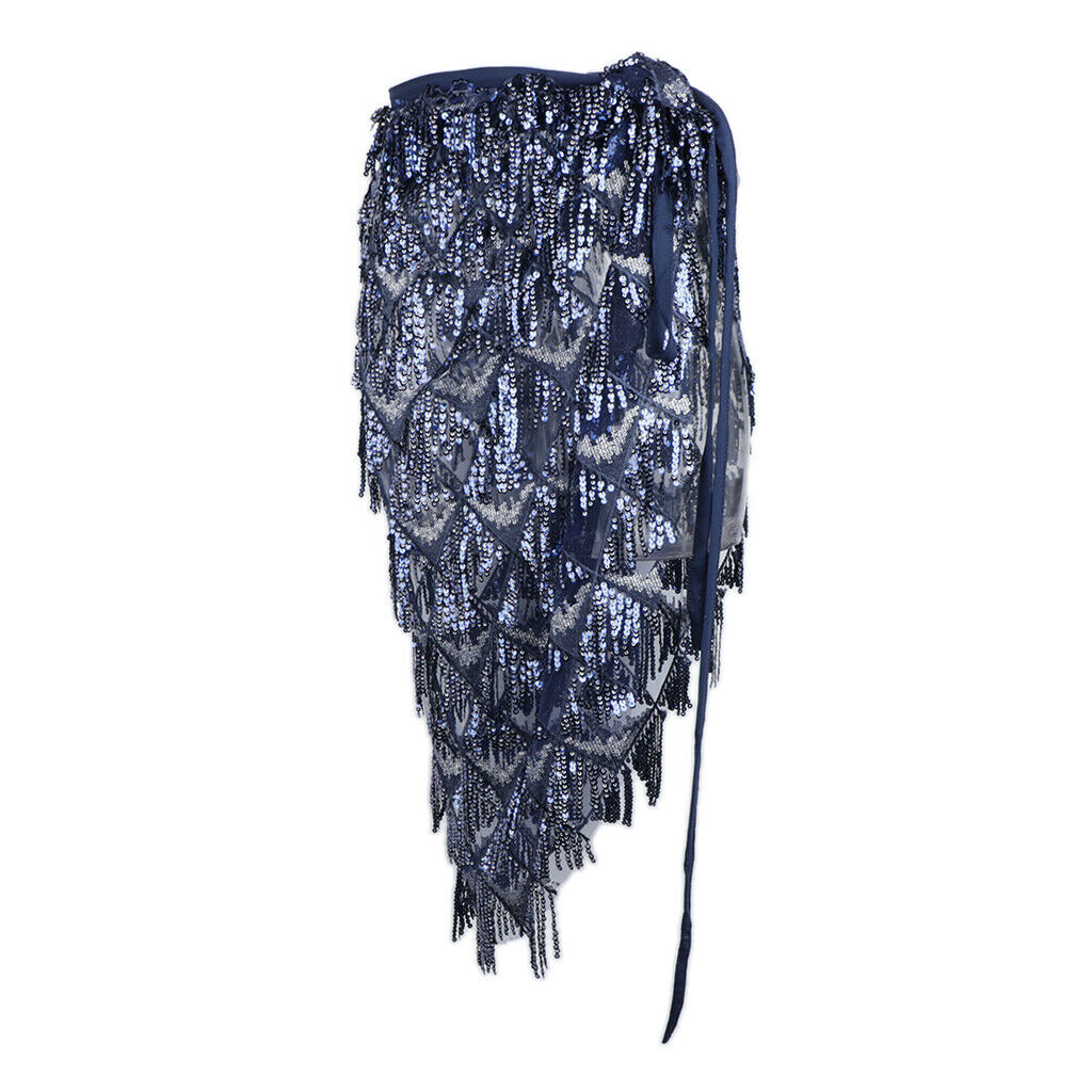 Women Long Hip Scarf for Belly Dance Costume with Sequin Tassel Dark Blue S