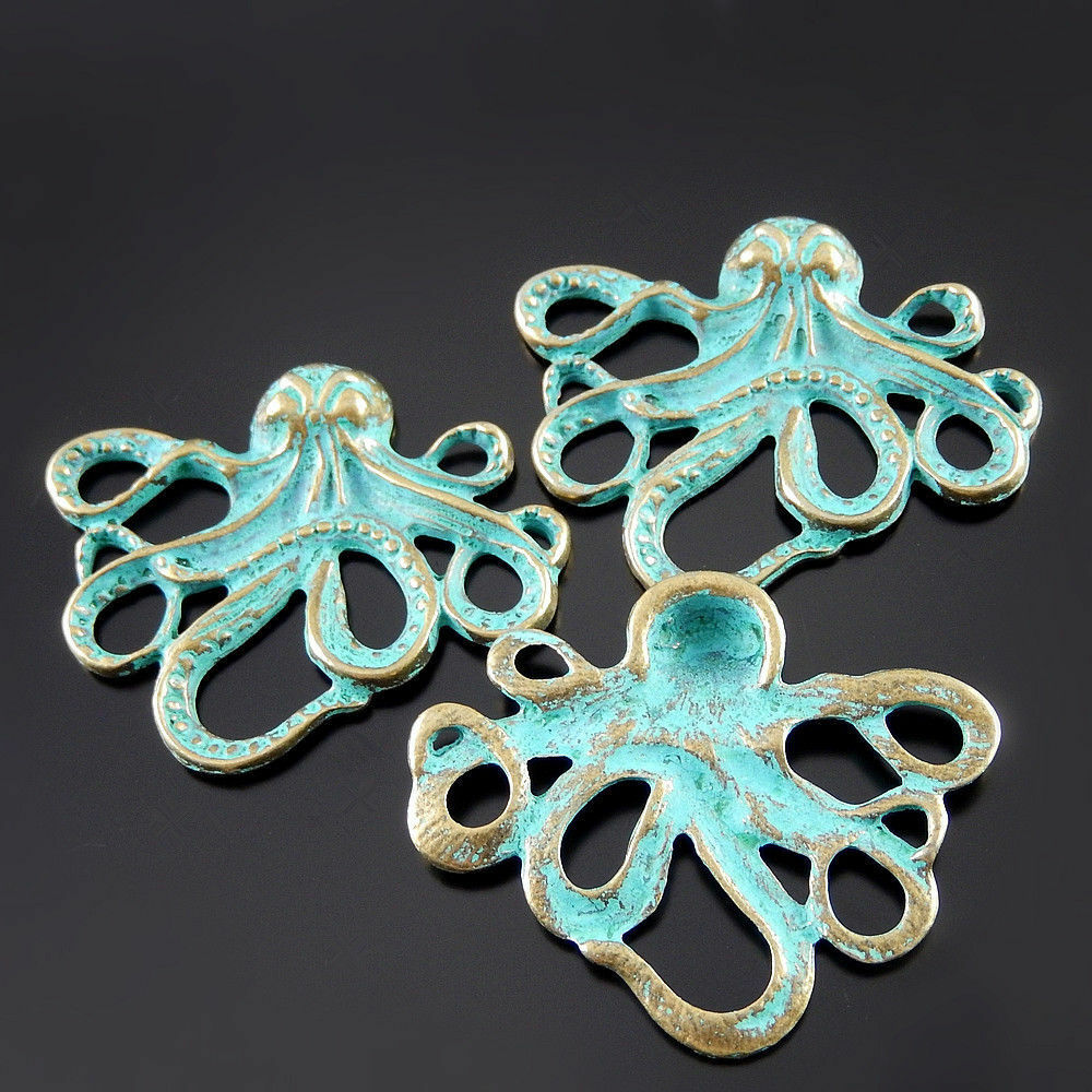 5 pcs Antiqued Zinc Alloy Green Squid Charms Pendant Findings 43x25mm 52077