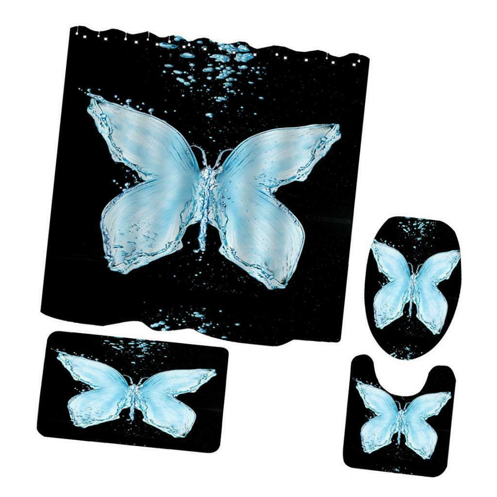 Non-Slip Bath Mat Contour Mat Toilet Lid Cover Shower Curtain Butterfly B
