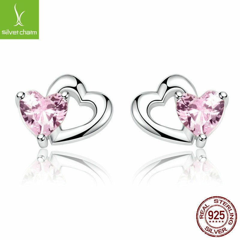 Double Love Heart to Heart Pink CZ Stud Earrings for Women 925 sterling Jewelry