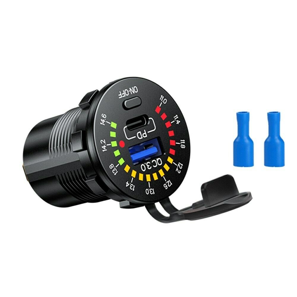 QC3.0 + PD Car Boat Charger Socket Power Outlet LED Voltmeter Waterproof