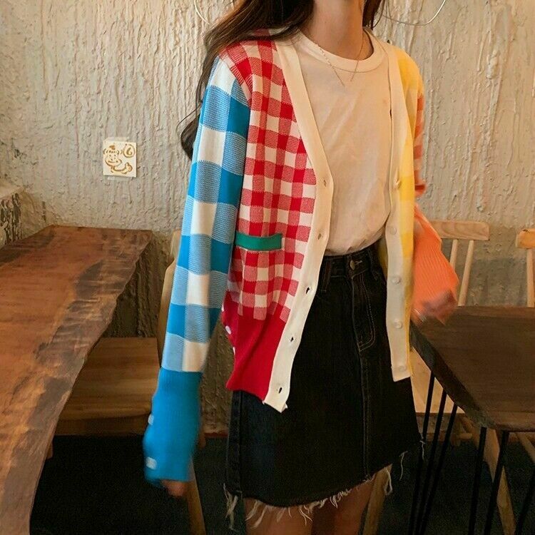 Womens Sweater Knitted Coat Jacket Cardigan Ladies Rainbow Casual Plaid Outwear