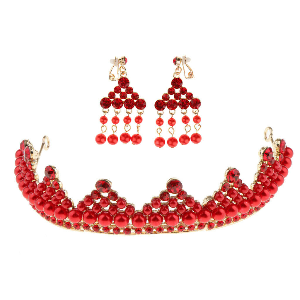 Wedding Bridal Pearls Crown Headband Earrings Girls Woman Party Jewelry Set