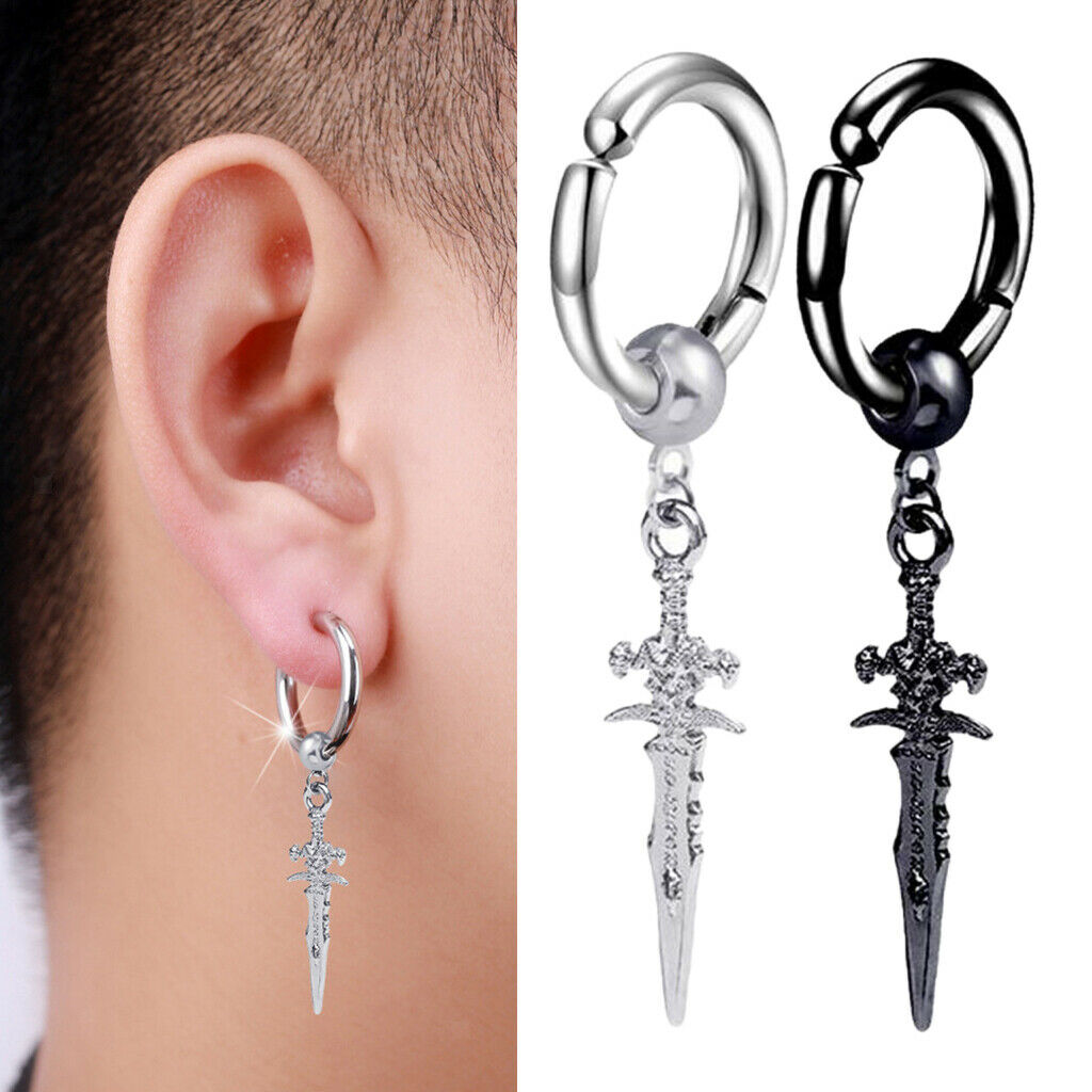 2x Stainless Steel Modern Long Dangle Earring Earclip Huggie Hoop Male