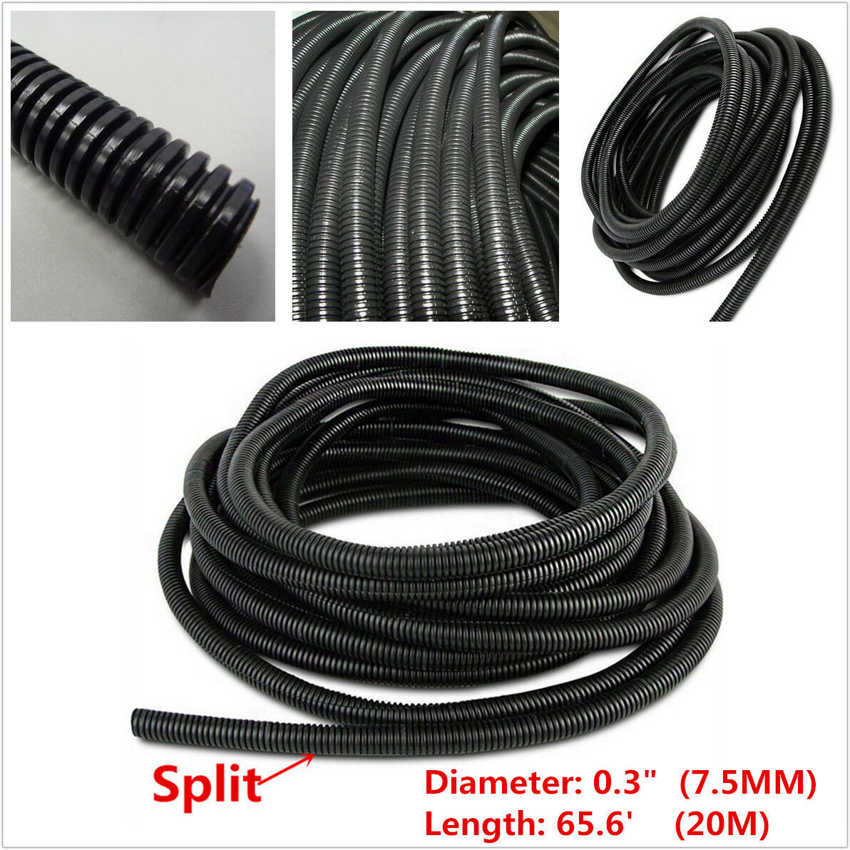 65.6 FT 0.3" BLACK SPLIT WIRE LOOM POLYETHYLENE TUBING CABLE CONDUIT HOSE AUTO