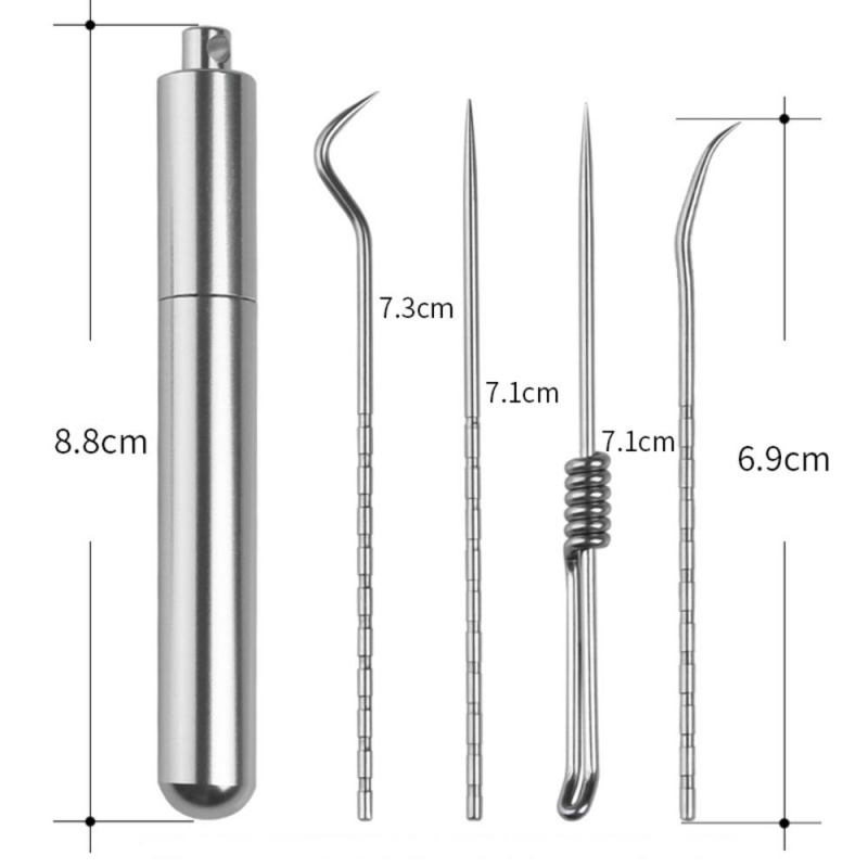 5pcs Stainlesss Steel Portable Toothpick  Care + Toothpick Holder Tool Set