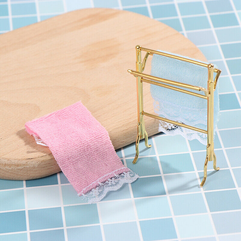 1:12 Metal Free-Standing Hand Towel Drying Rack with 2 Towels for Dollhou.l8