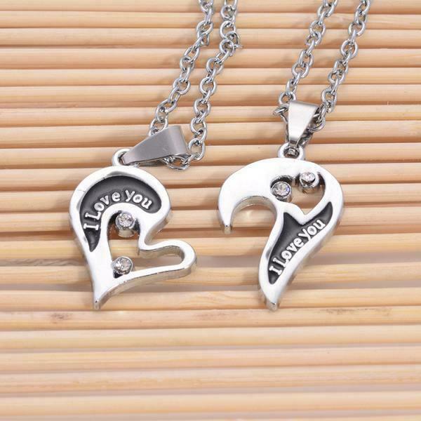 Couple Pendant Necklace Rhinestone I Love You Heart Puzzle Matching Pendant