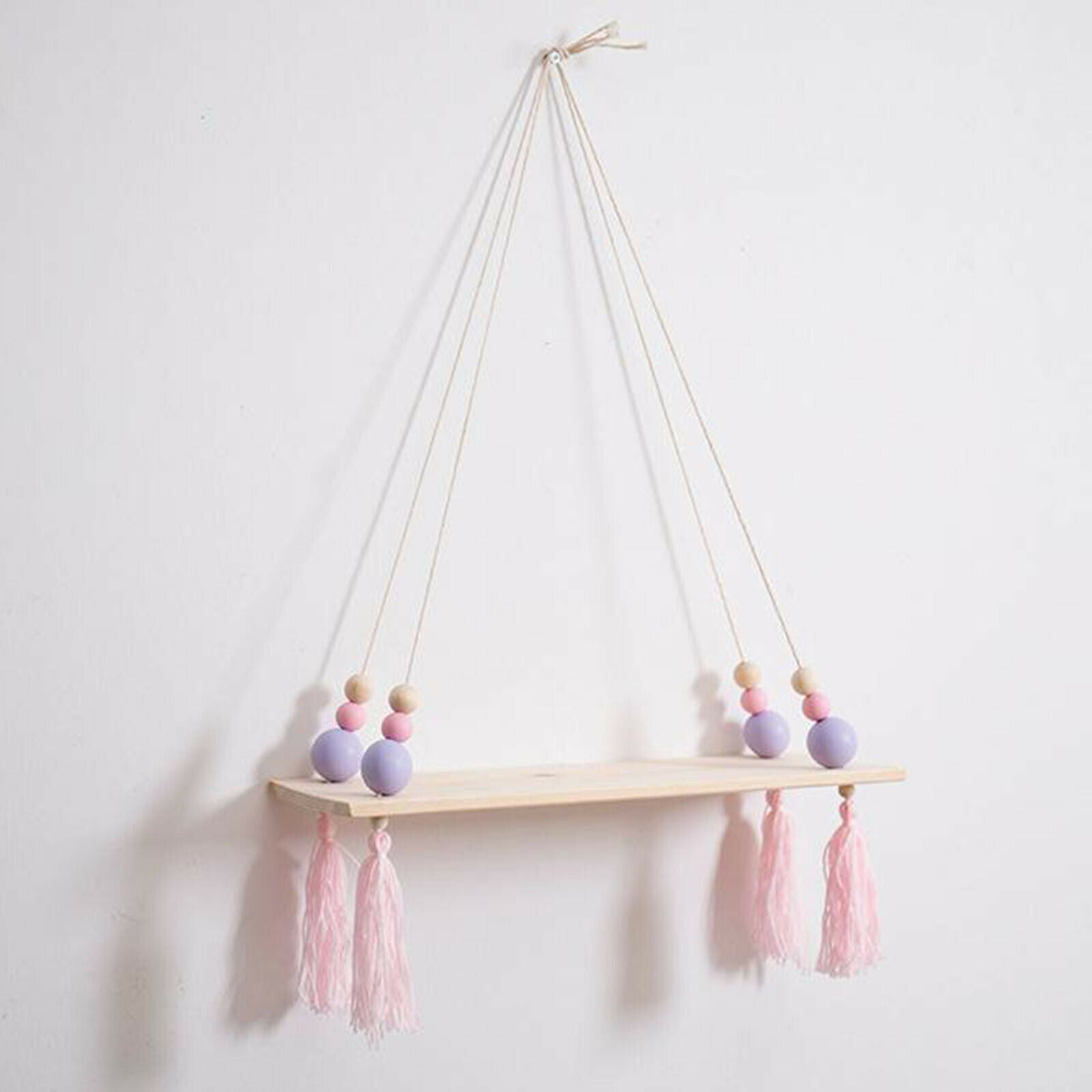 Wooden Wall Shelf Rope Hanging Floating Shelf Flower Pot Stand Purple Bead