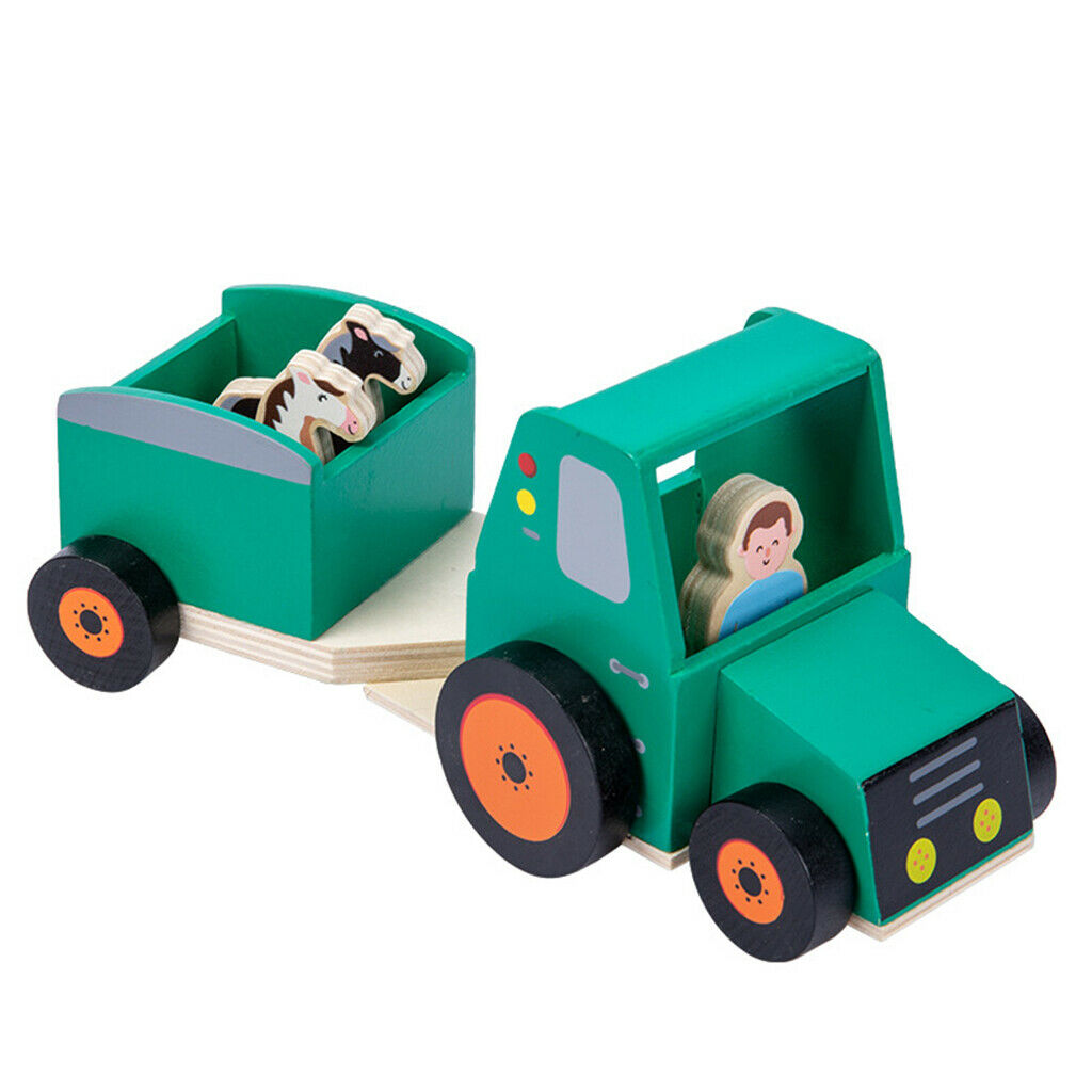 Green Handmade Crafts Wooden Car Tractor Trailer Truck Smooth Wheels Development