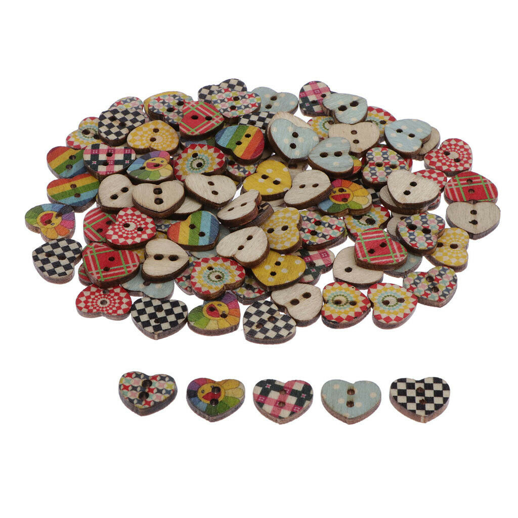 100-Pack Multicolored Heart Shaped 2 Holes Wooden Sewing Buttons for Crafts