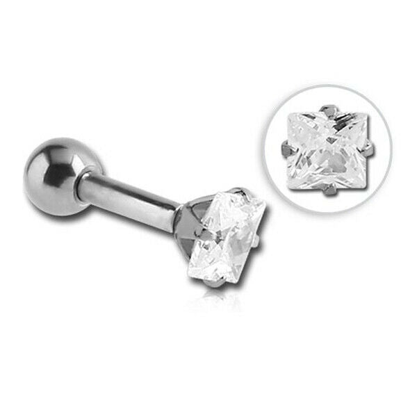 Pair Steel Barbell Square Zircon  Helix Tragus Lip Ear Stud 1.2mm