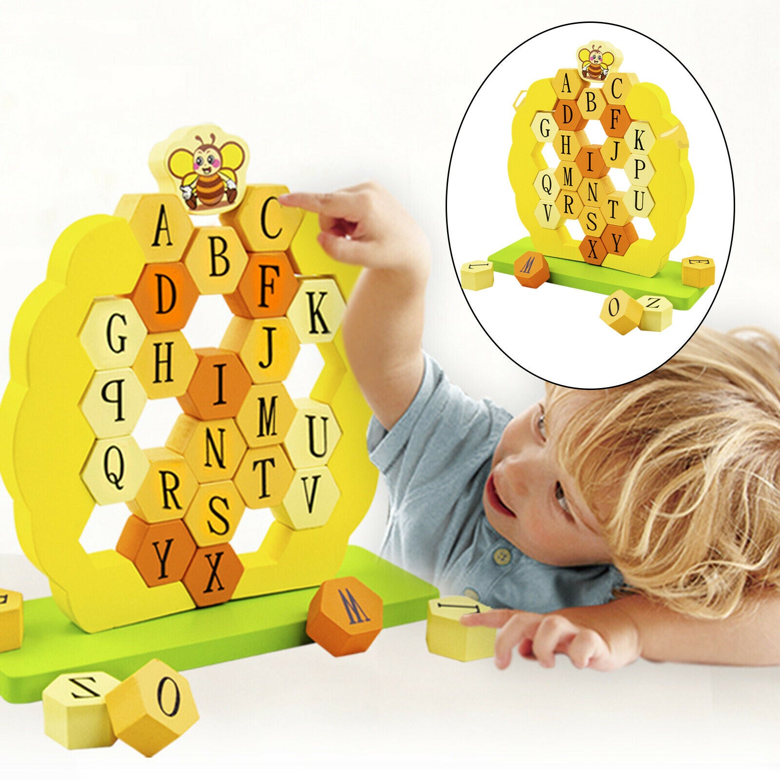 Wooden Honeycomb ABC Alphabet Puzzle Stacking Game Preschool Toys Gift
