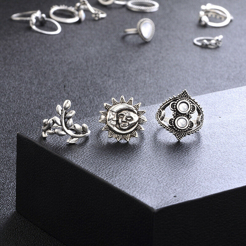 14Pcs/Set Boho Stack Crystal Flower Moon Sun Knuckle Ring Midi Finger Rin.l8