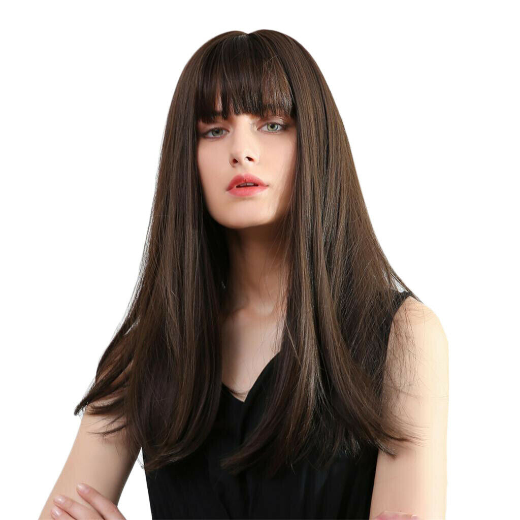 Lady Heat Friendly Straight Wigs With Bangs Daily Party Wig Dark Brown