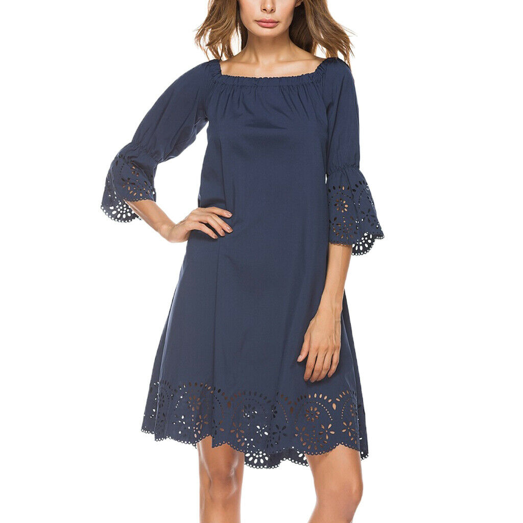Women 3/4 Sleeve Skirt Off Shoulder Hollow Out Flower Hem Dress Darkblue 1XL