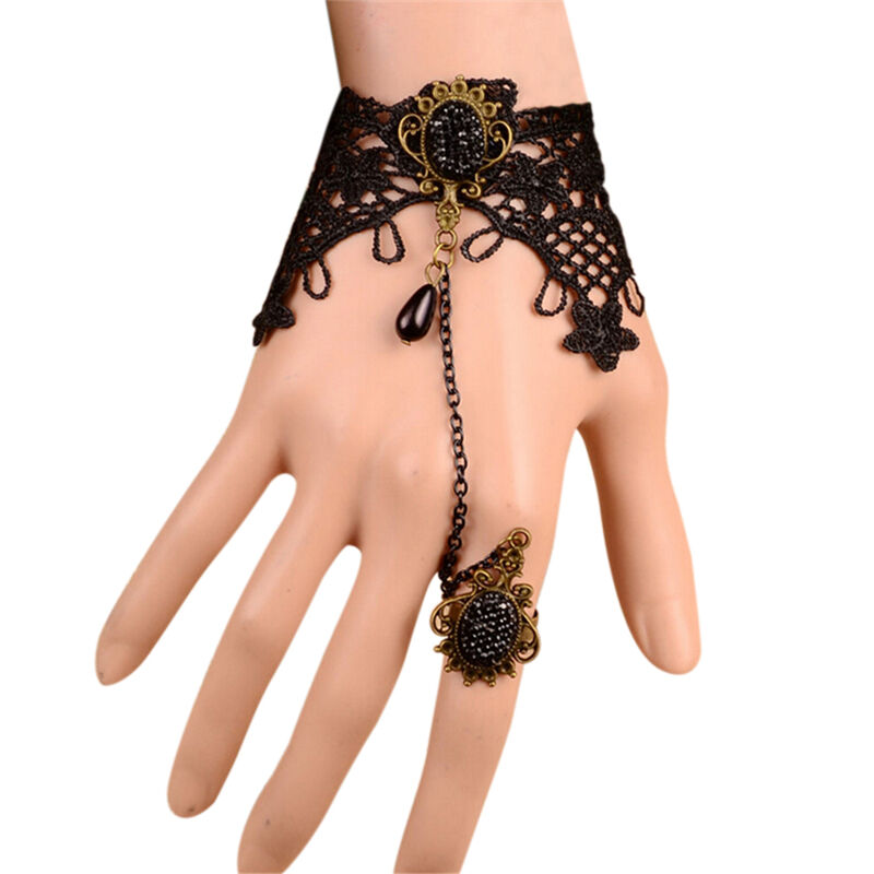 Lady Sexy Black Lace Gothic Ring Wrist Bracelet Bangle Handlace Wrist CollaHFDD