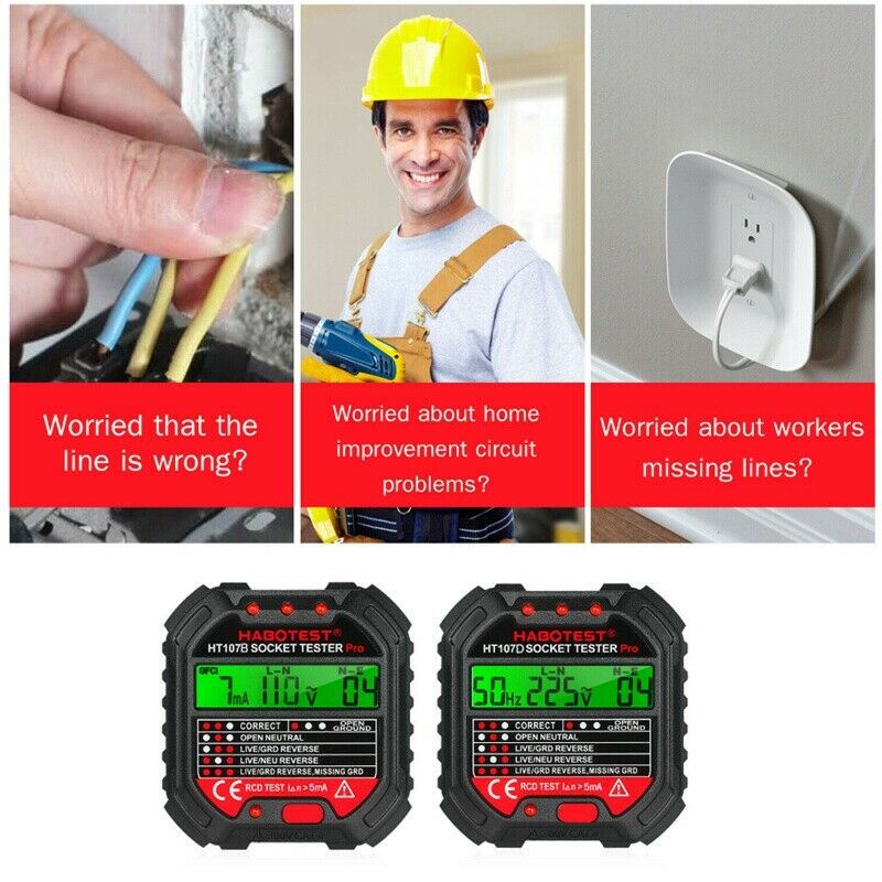 1PC 90-250V HABOTEST GFCI Outlet Tester W/ Voltage Display Socket Tester US Plug