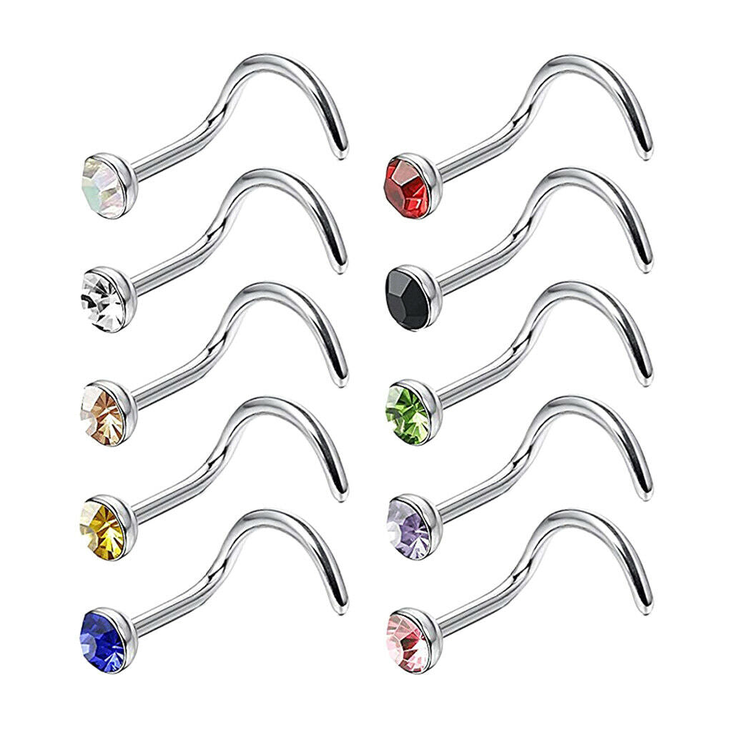 10pcs Rhinestone Stainless Steel Screw Shape Nose Studs Rings 20g 20g-3mm