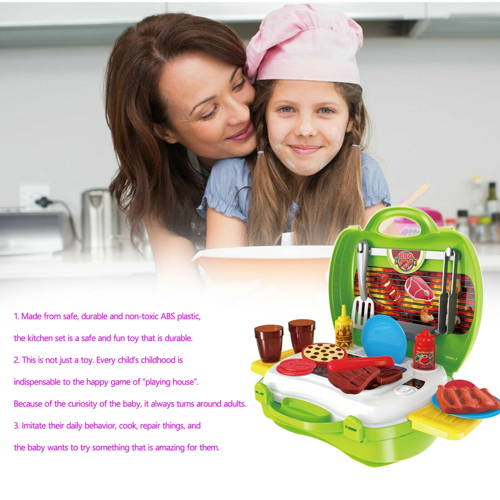 Kitchen Set Toys BBQ Grill For Kid Pretend Play Toddler Children Food Cooking BS