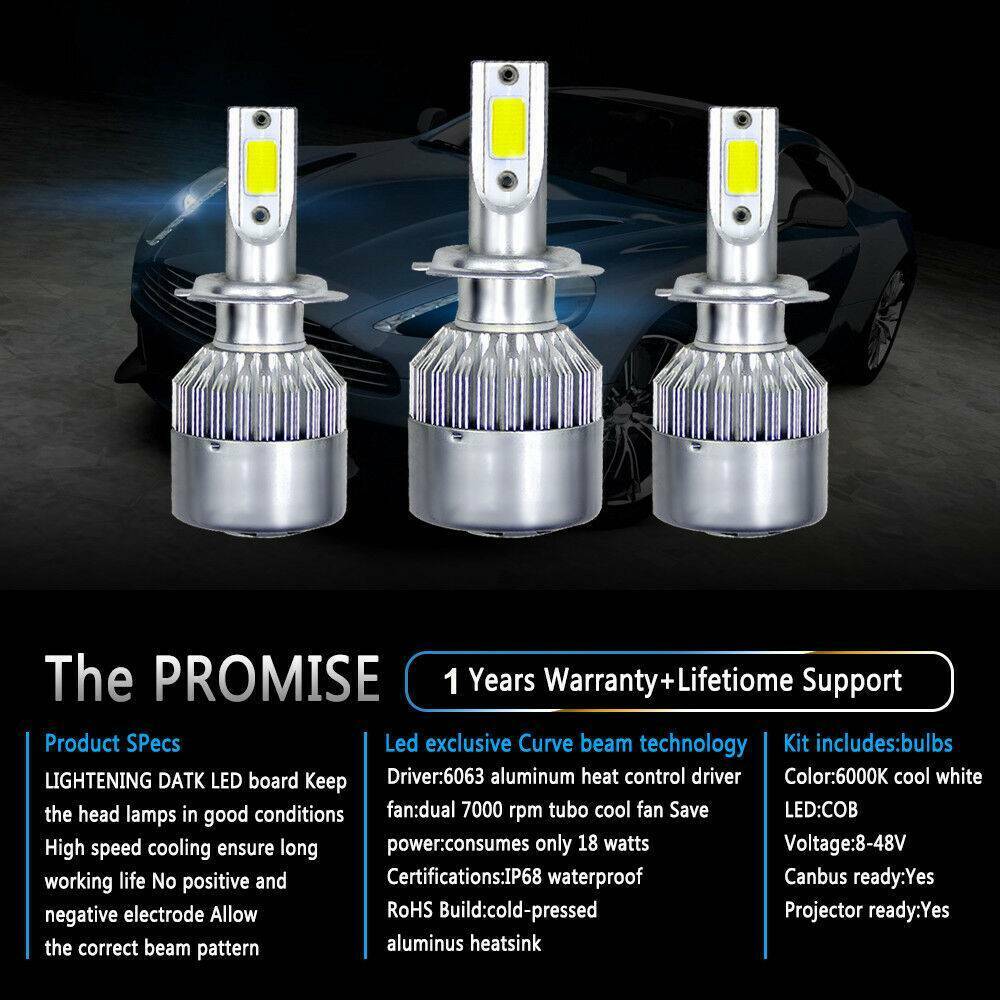 1 Pair Car COB H7 C6 12000LM 72W LED Headlight Kit Hi/Lo Turbo Light Bulbs 6000K