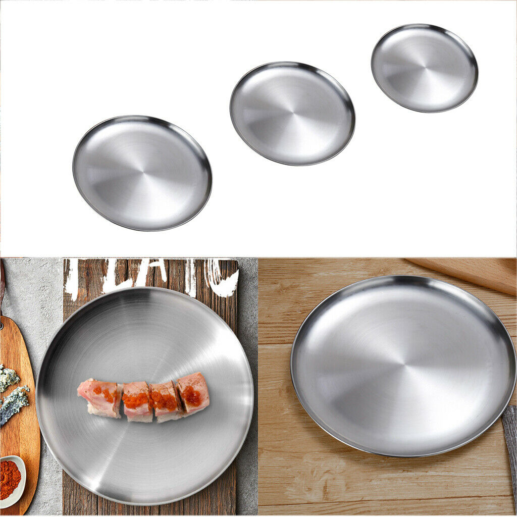 3x Stainless Steel Dinner Plate Coffee Tea Breakfast Platter 14+20+26cm