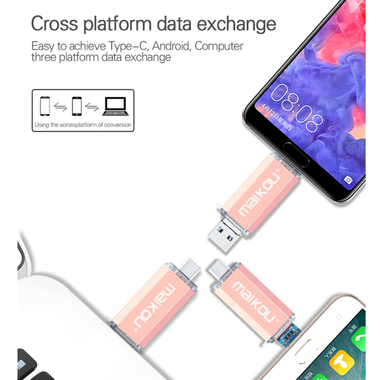 3 in 1 128GB USB Flash Drive Type-C&Micro USB Memory Stick for Phone PC Pink