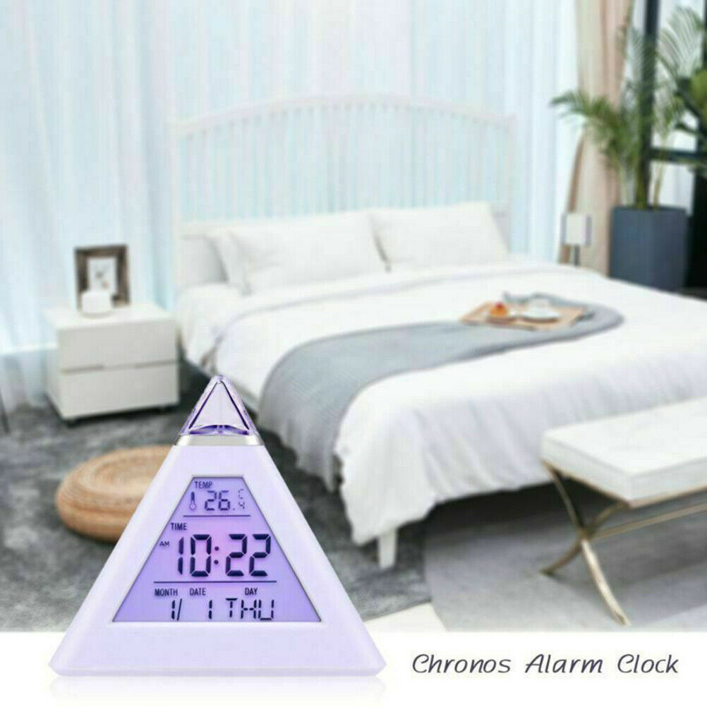 Portable Kids Wake Up Light Alarm Clock 7 Color Backlight Calendar Thermometer