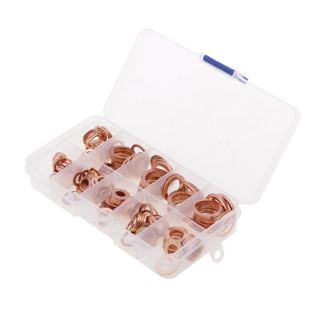200 Pieces Flat Ring Copper Washer Gasket Assortment Set with Box