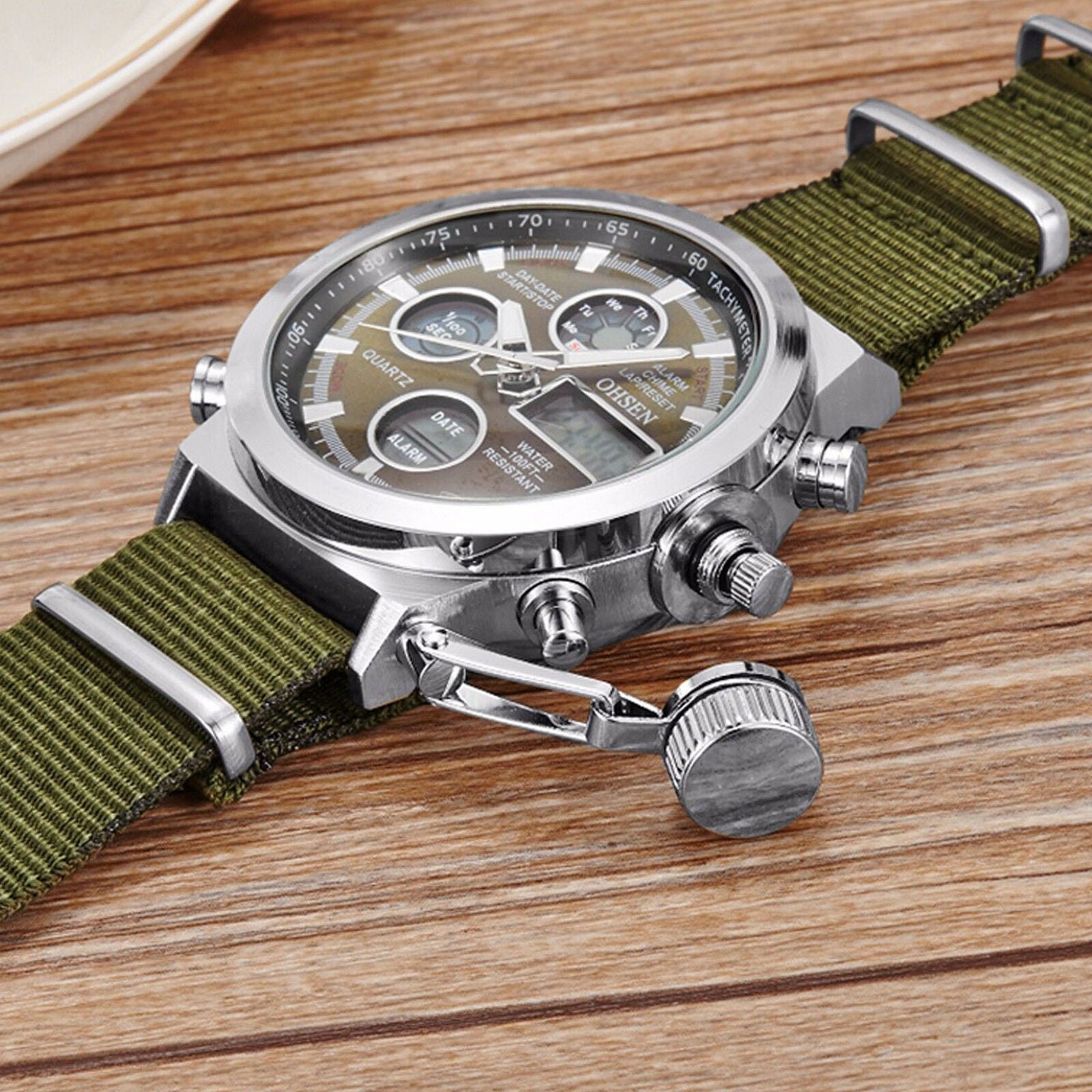 Men Military Army Green Sport Analog Digital Quartz Nylon Canvas Wrist Watch