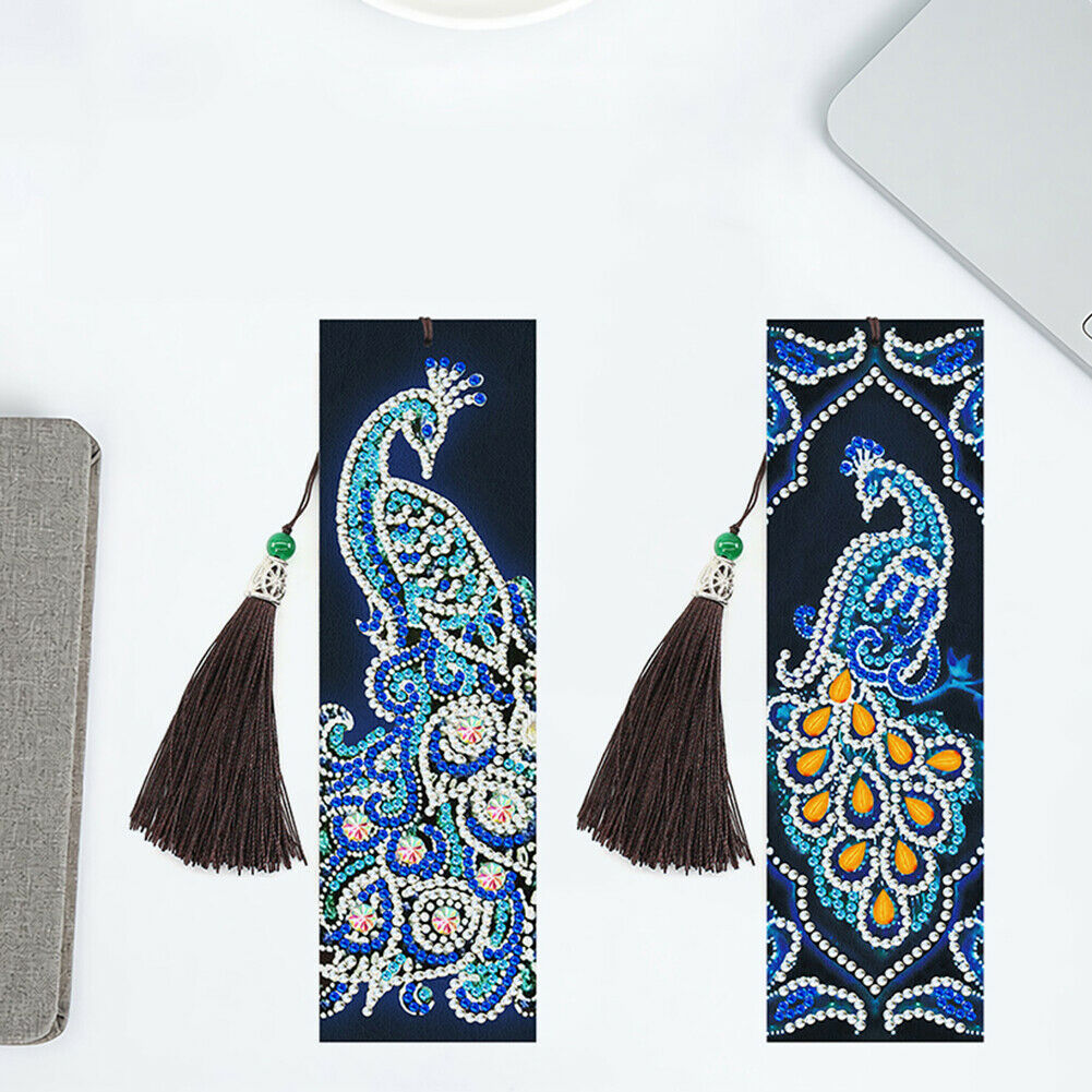5D DIY Special Shaped Diamond Painting Leather Peacock Tassel Art Bookmarks @