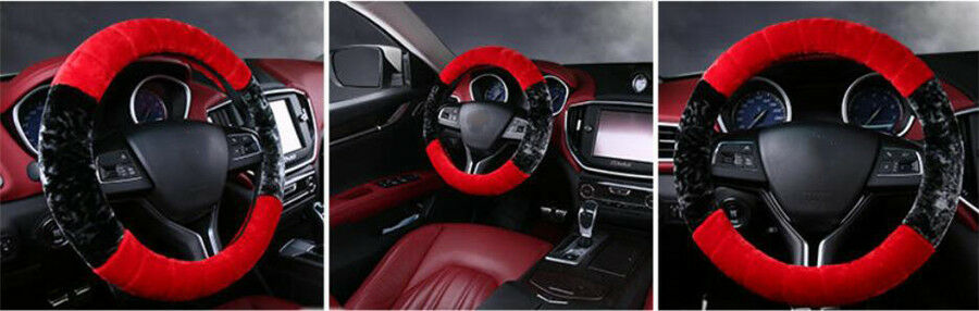 Winter 38cm Universal Black+Red Plush Furry Thick Auto Car Steering Wheel Cover
