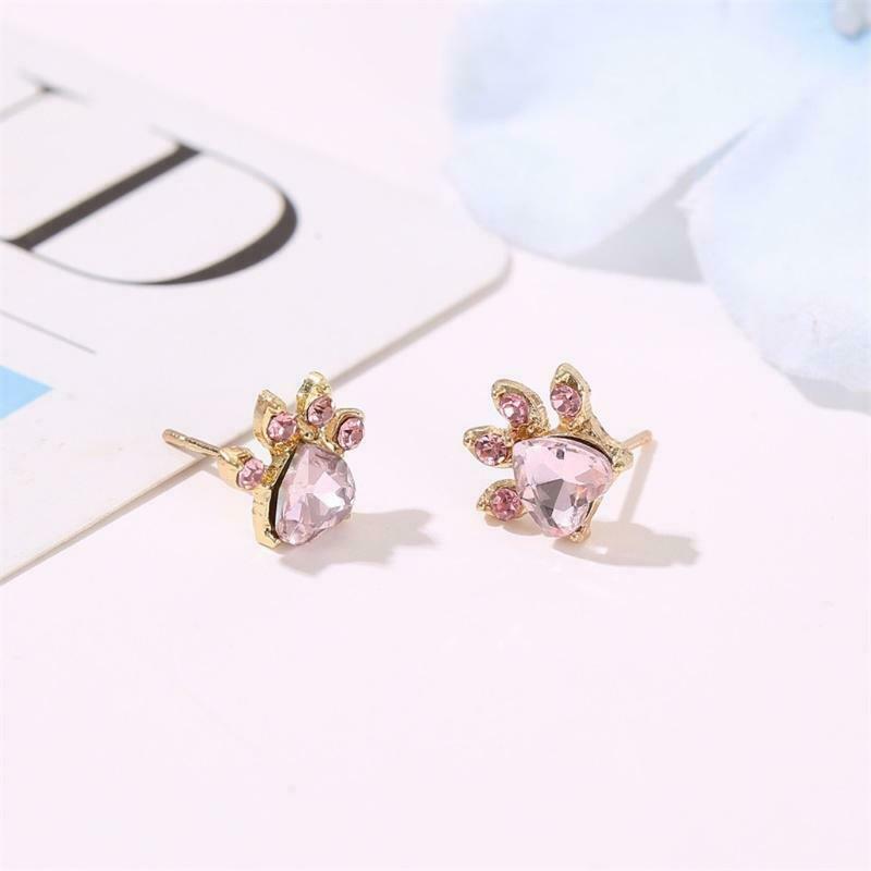 Pink Crystals Cat Paw Earrings Rings Pendant Bracelet Adjustable Pet Cat Jewerly