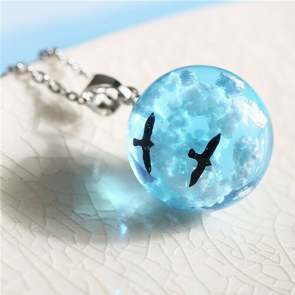 Charm White Clouds Blue Sky Birds Glass Ball Pendant Necklace Terrarium 2.8cm