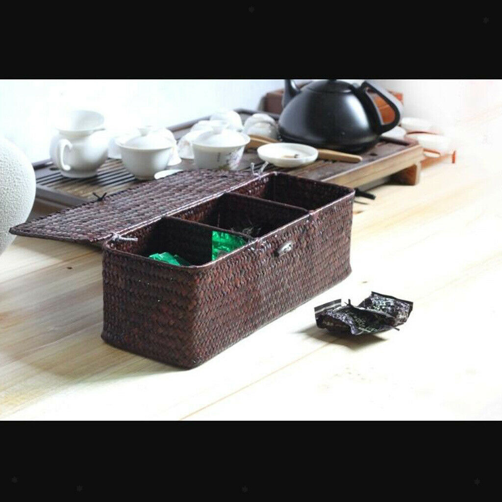Seagrass Storage Box Handmade Woven Basket with Lid Dark Coffee 33x12x10cm