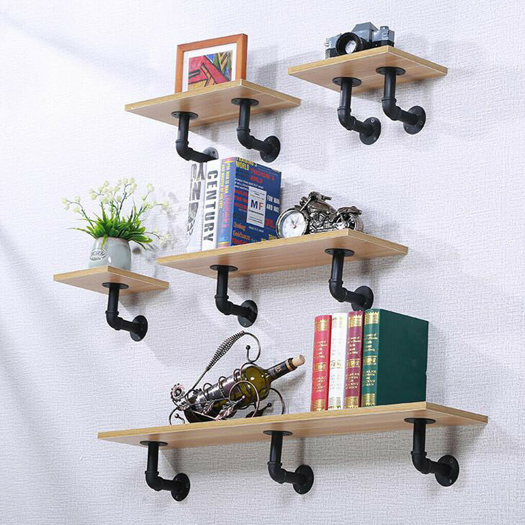 Industrial Pipe Bracket Heavy Duty Iron Wall Storage Shelf Rack Wood Color