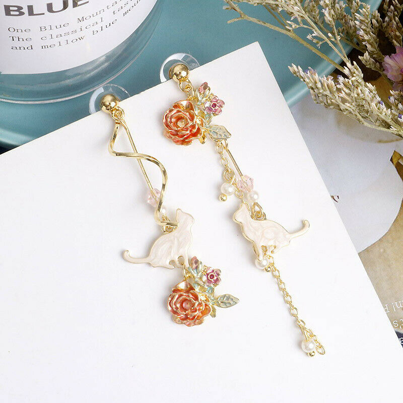 Sweet Cute Cat Flowers Leaves Pendant Flower Tassel Earrings Jewelry Earr.l8